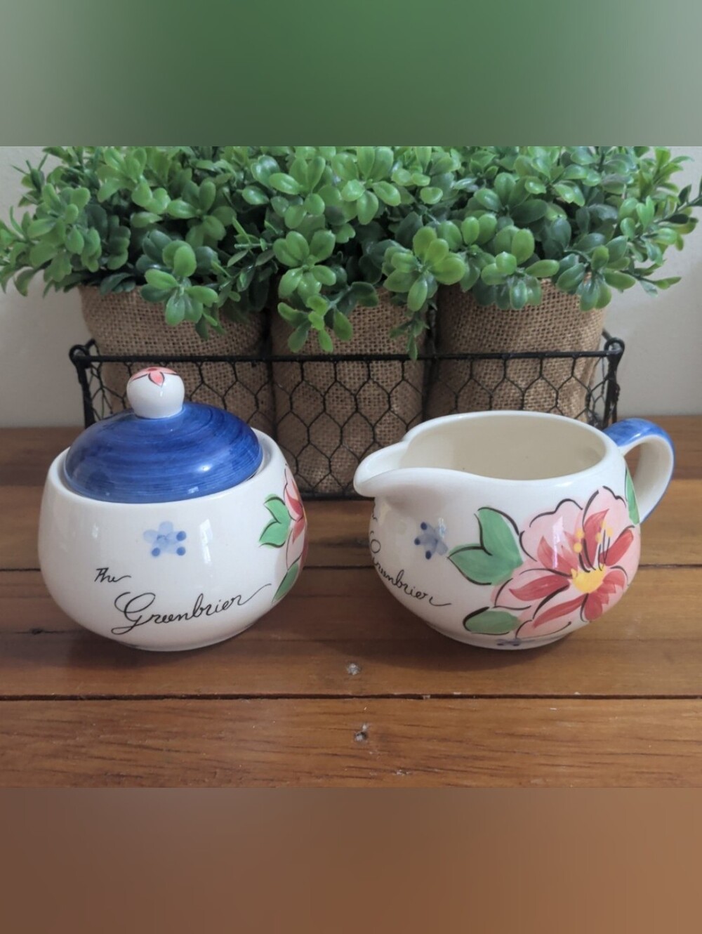 Sugar and Creamer Set Hand Painted "The Greenbrier"